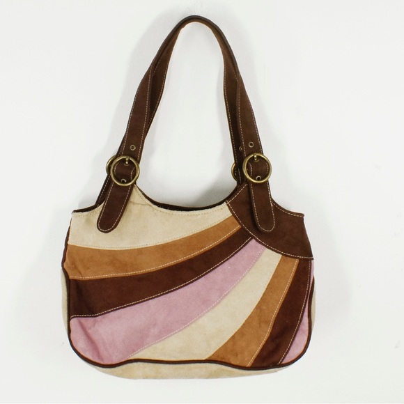 Vintage Handbags - Vintage 2000s Y2K Faux Suede Patchwork Stripe Pink Brown Buckle Purse